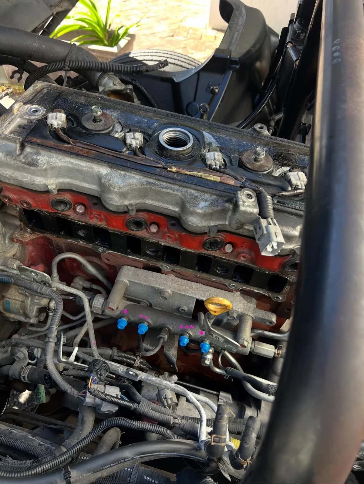 The top of a red Hino diesel engine with injector lines and blue injector caps.